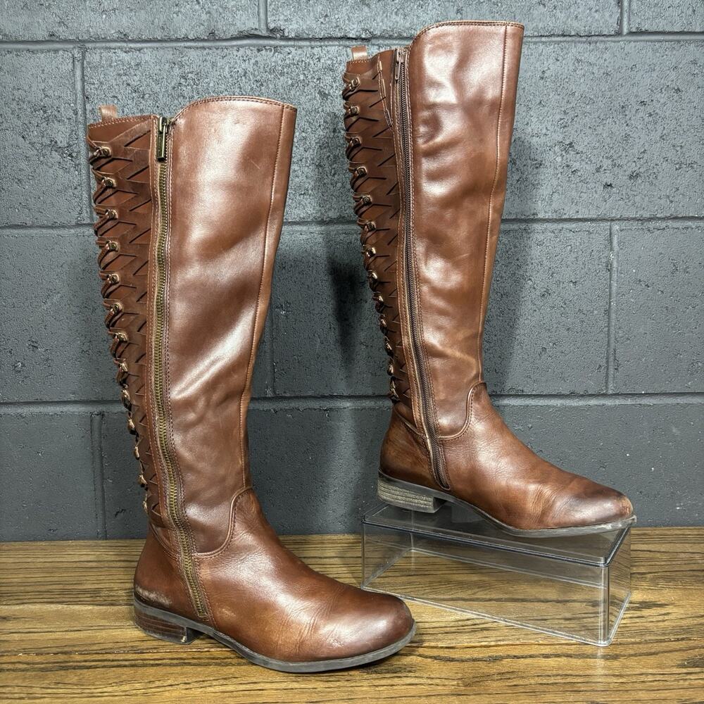 Gianni Bini Brown Leather Knee High Riding Boots Corset Lace Back Women’s 7.5